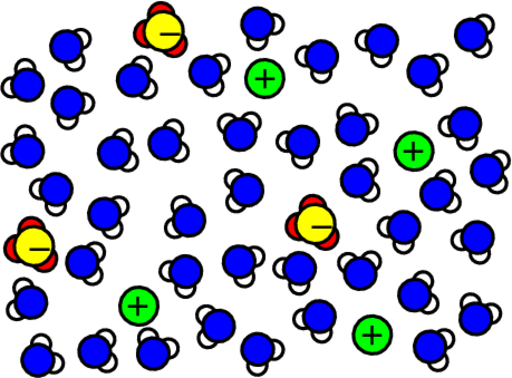 cartoon of an aquaous salt solution with water molecules, cations, and anions