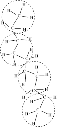 a cartoon of a decane molecule with four dashed circles on top of it