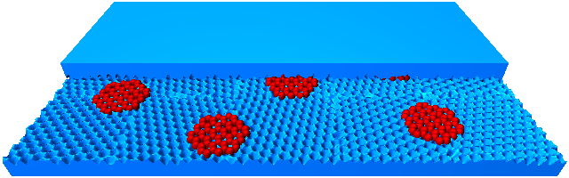 a cartoon of two slabs of graphite with crystalline grains and graphene flakes between them